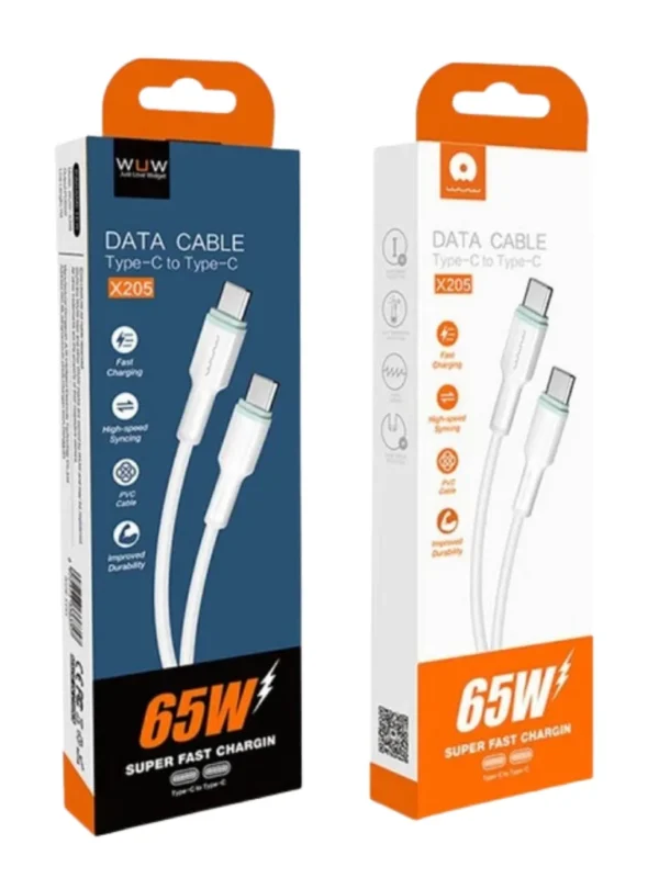 Cabo USB-C para USB-C 65W WUW X205 1m Carregamento Rápido PD