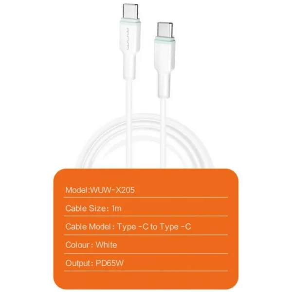 Cabo USB-C para USB-C 65W WUW X205 1m Carregamento Rápido PD