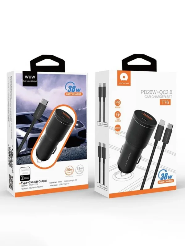 Carregador Veicular 38W WUW T76L USB-C com Cabo Lightning